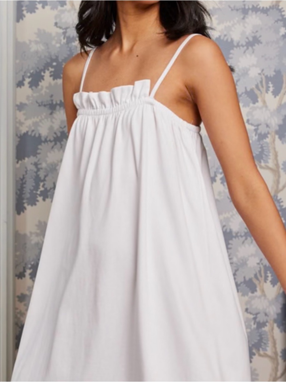 Women’s White Sleep Maxi Nightgown with Elastic Ruffle Neckline